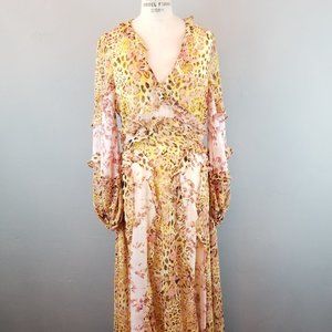 Bardot Blush & Yellow Print Frill Ruffle A Line Maxi Dress Size Medium NEW